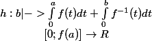 \begin{matrix} h : b|->\int_{0}^{a}{f(t)dt+\int_{0}^{b}{f^{-1}(t)dt}}\\ [0;f(a)]\rightarrow R \end{matrix}